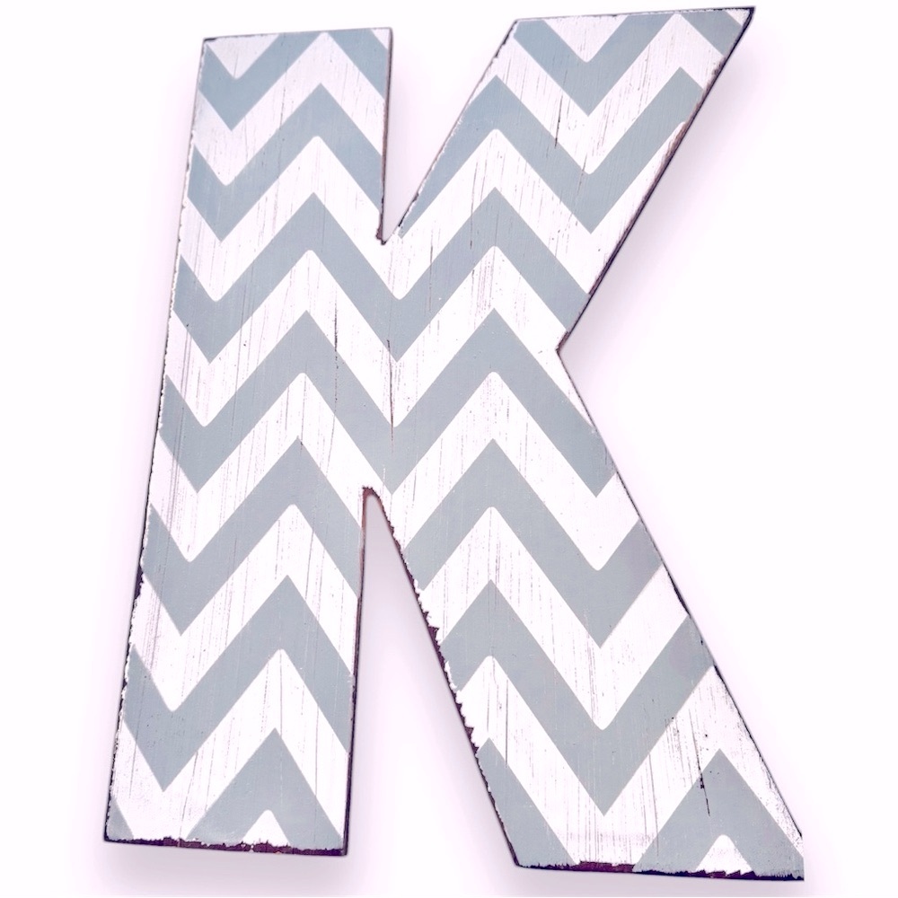 “K” Grey Chevron Striped 19” Wooden Monogram Wall Hanging Initial Letter Rustic
